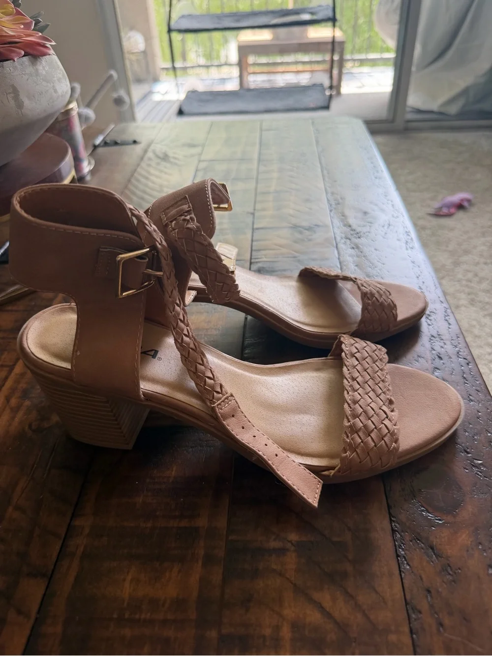 SODA Nude Blush Woven Strappy Block Heel Sandals